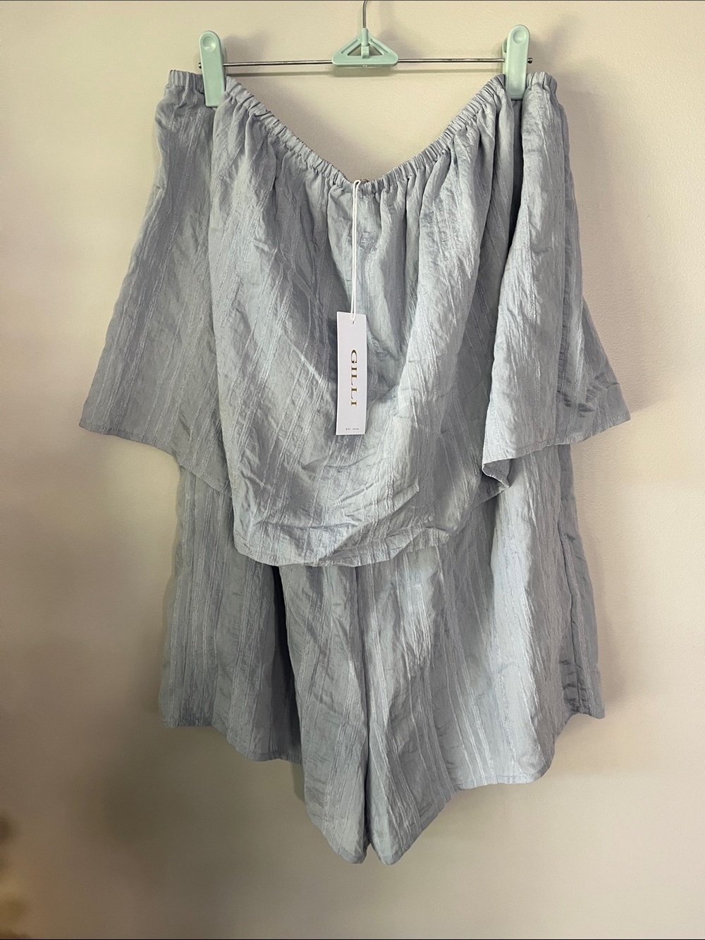 Gilli Off-Shoulder Crinkled Pale Blue Linen-Blend Romper